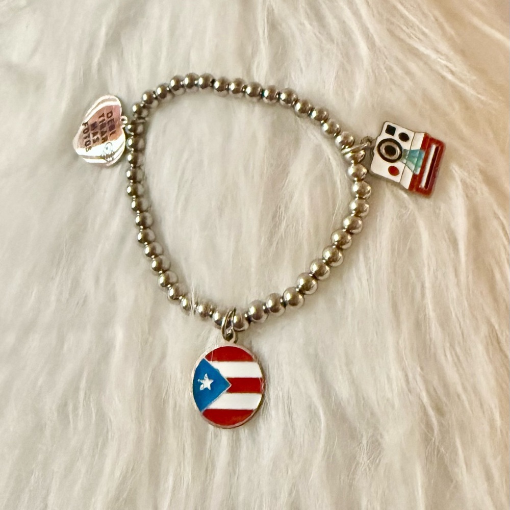 Silver Stainless Steel Elastic Beaded DTMF Bracelet with Puerto Rico Charm